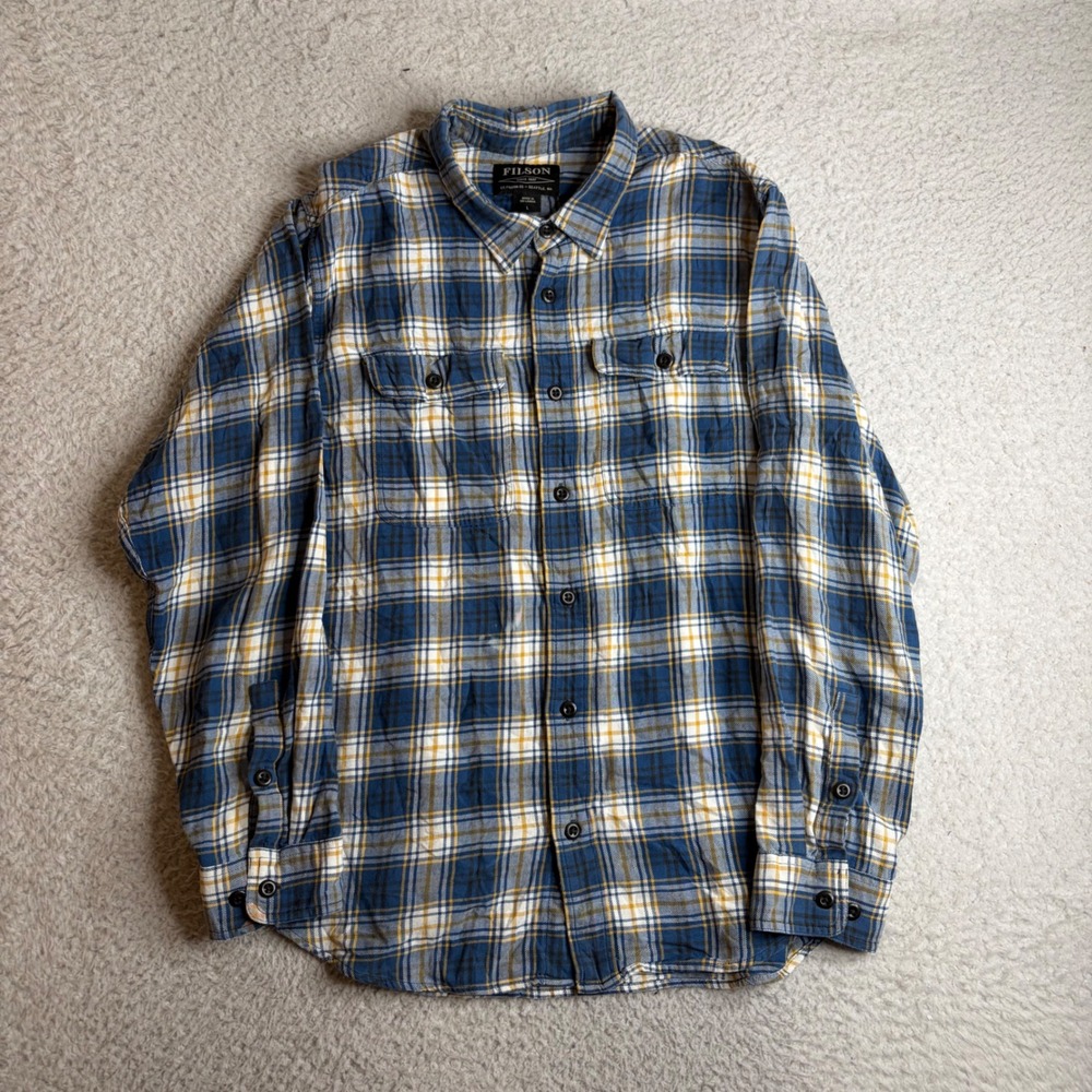 Filson Mens Blue Gold White Plaid Cotton Button Down Shirt L FCOP015377